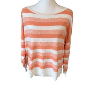 Cabi Swish Linen Blend Striped Boatneck Sweater Coral White Sweater S Nautical